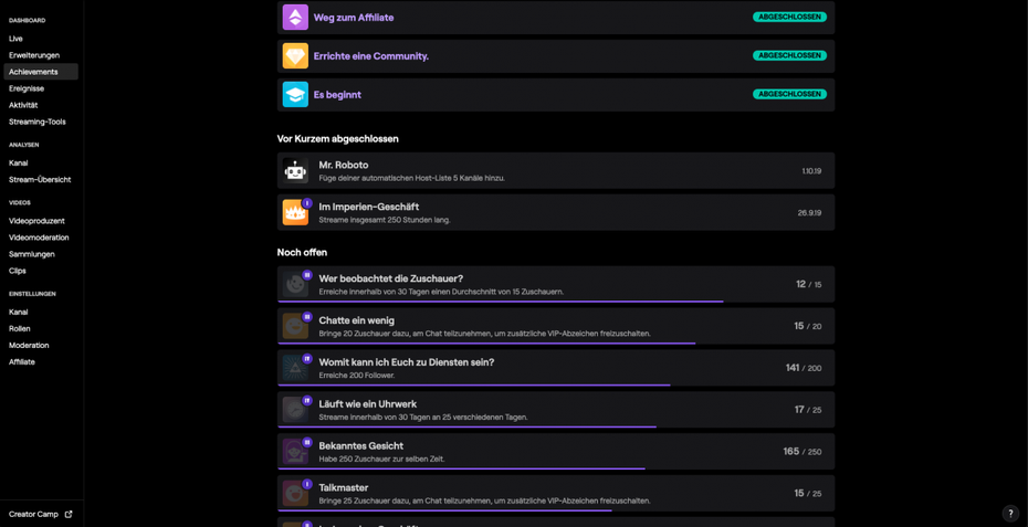 Errungenschaften bei der Streaming-Plattform Twitch.