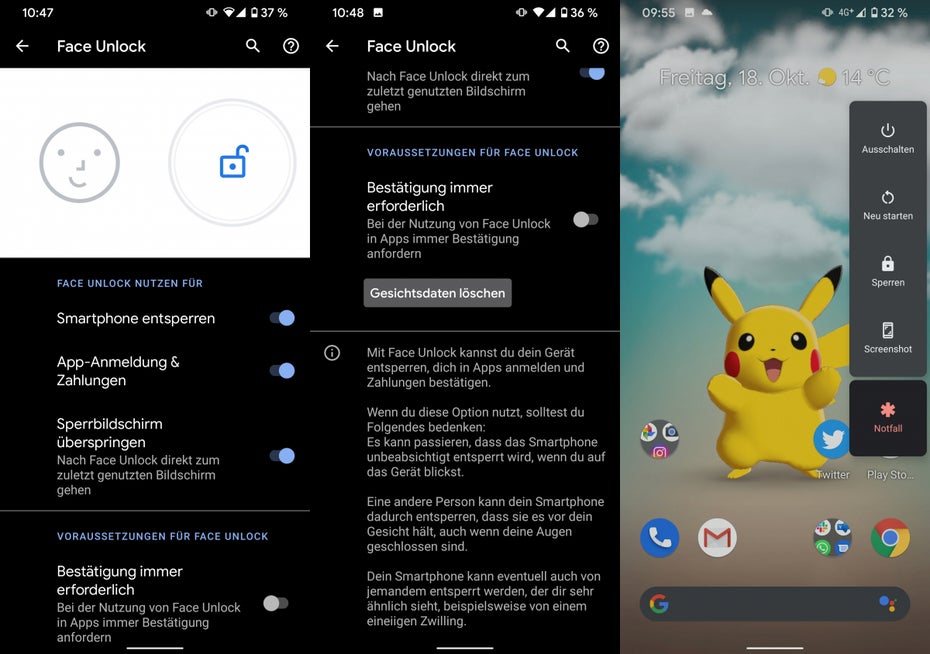 Pixel 4 3D-Face-Unlock und Sperrfunktion. (Screenshots: t3n)