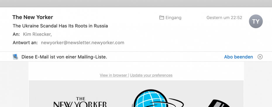 macOS Catalina: Mail-App vereinfacht die Newsletter-Abmeldung. (Screenshot: macOS / t3n)