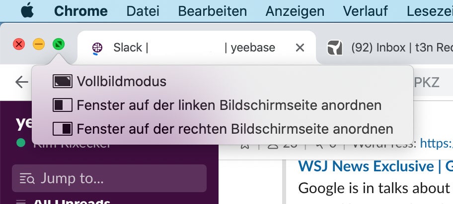 Unter macOS Catalina könnt ihr zwei Fenster nebeneinander positionieren, indem ihr die Maus über den grünen Ampel-Button bewegt und den entsprechenden Menüeintrag auswählt. (Screenshot: macOS / t3n)