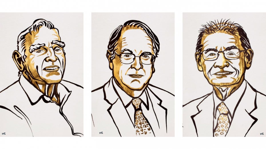 Die drei Nobelpreisträger John B. Goodenough, M. Stanley Whittingham und Akira Yoshino. (Illustrationen: Niklas Elmehed / Nobel Media) Chemie-Nobelpreis geht an die Väter der Lithium-Ionen-Batterie