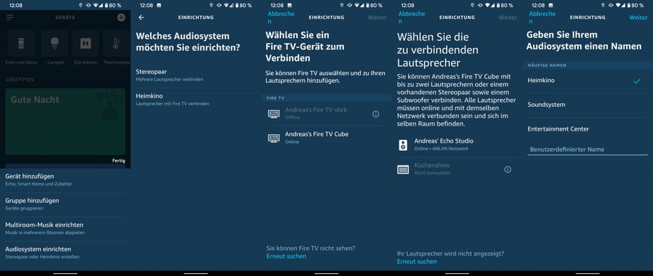 In der Alex-App lassen sich Amazon Echo Studio und der Fire TV Cube zum Heimkino koppeln. (Screenshots: t3n)
