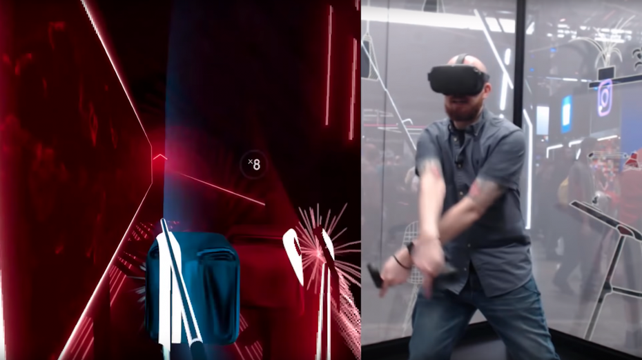 Geteilte Ansicht bei Beat Saber: Spieler mit VR-Brille auf einer Seite. VR-Ansicht auf der anderen.