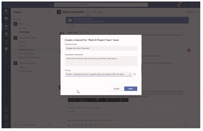Private Channels in Microsoft Teams.