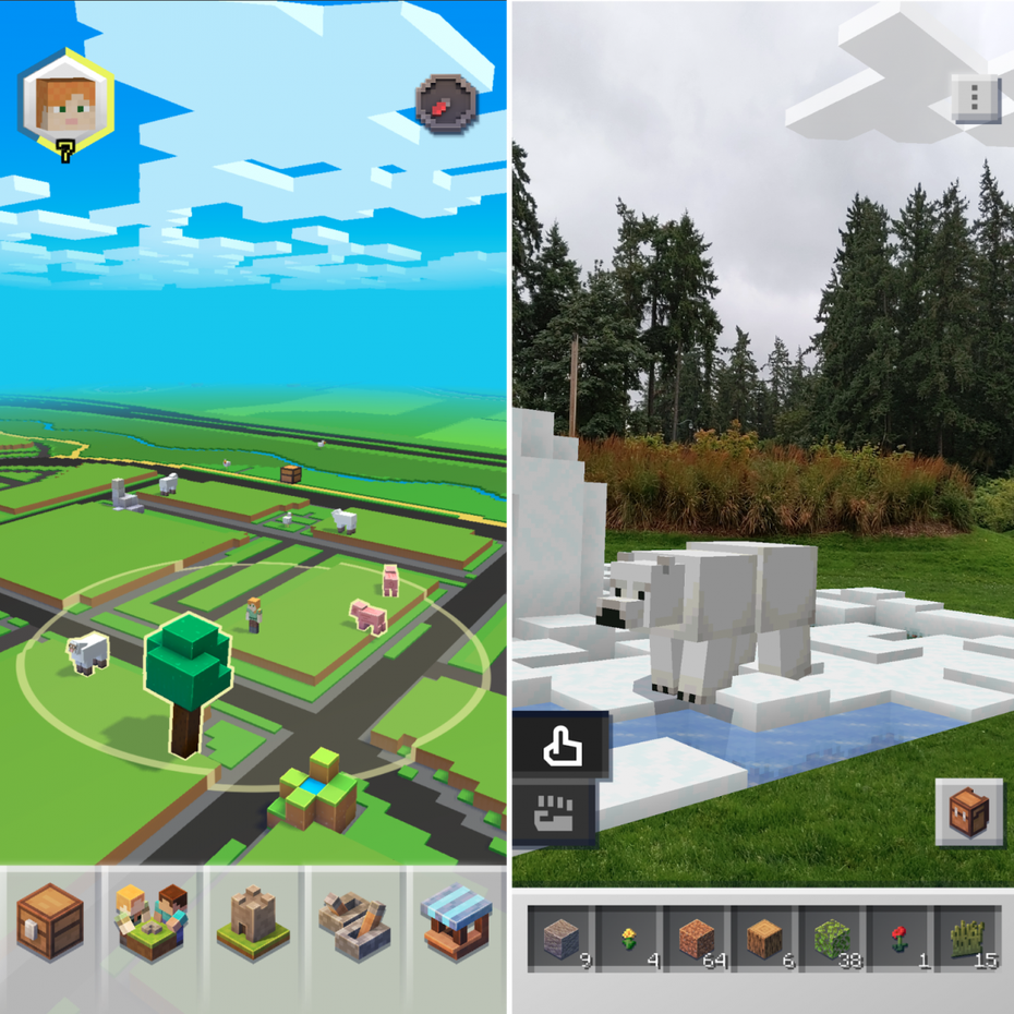 Links: Reale Umgebung ins Spiel übersetzt / Rechts: Bau-Modus mit AR über die Kamera. (Screenshots: Microsoft)