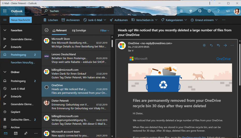 Outlook.com als PWA auf dem Desktop. (Screenshot: t3n)