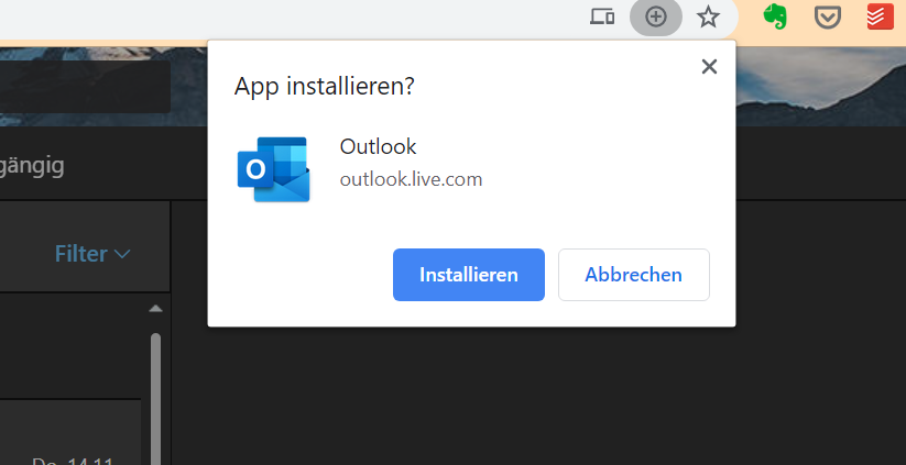 Per Klick auf Plus und "Installieren" kommt Outlook.com auf den Desktop. (Screenshot: t3n)