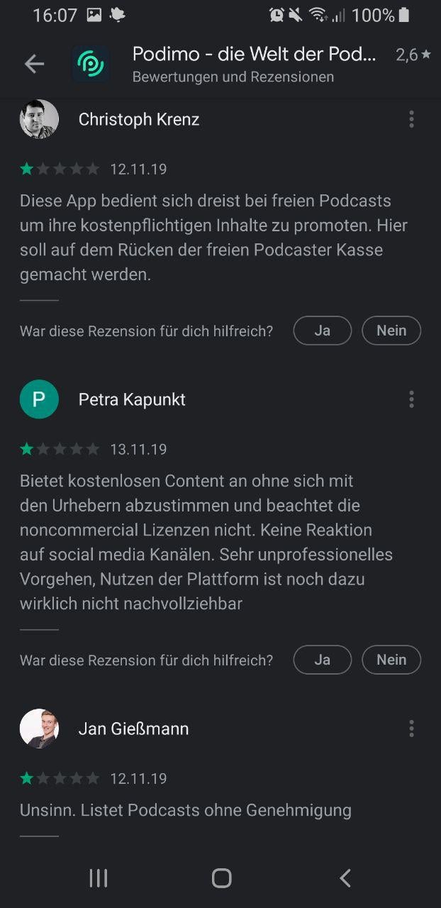 Bewertungen der Podimo-App im Play-Store