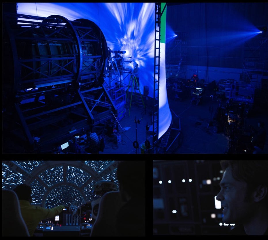 Oben: Die Laserprjektoren sind auf eine Rundleinwand gerichtet, vor der das Cockpit des Raumschiffs platziert ist. Unten links: Der Filmblick durch das Cockpit auf die Leinwand. Unten rechts: Natürliche Lichtreflektionen machen das Nachbearbeiten des Schauspielers unnötig. (Bilder: Lucasfilms ILM)