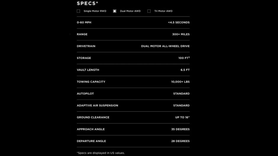 Tesla Cybertruck Specs – Dual Motor. (Screenshot: t3n; Tesla)