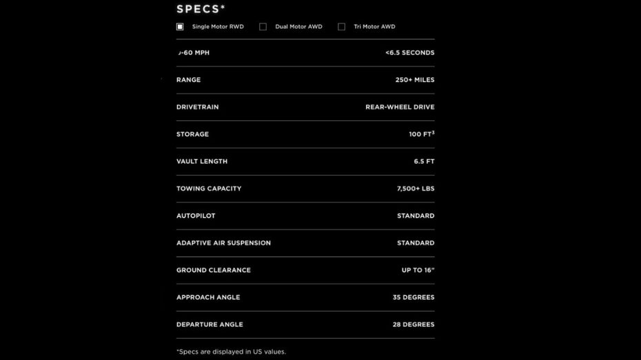 Tesla Cybertruck Specs – Single-Motor. (Screenshot: t3n; Tesla)