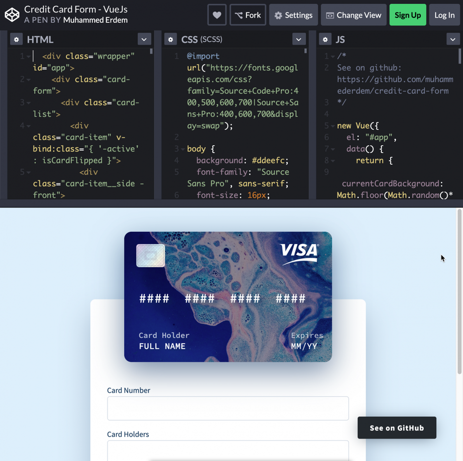 Credit Card Form - Vue.js. (Screenshot: t3n)