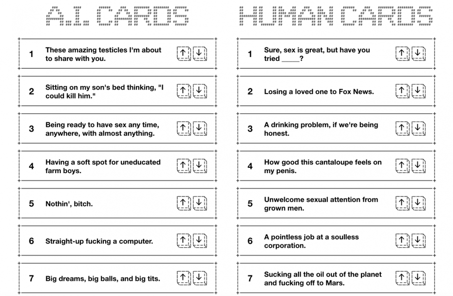 Links die bestbewerteten Kartentext der KI, rechts die der Menschen. (Bild: Cards Against Humanity LLC)