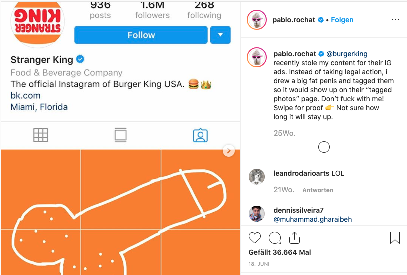 Dickpic als Rache: Pablo Rochart kapert Burger Kings Instagram-Auftritt.