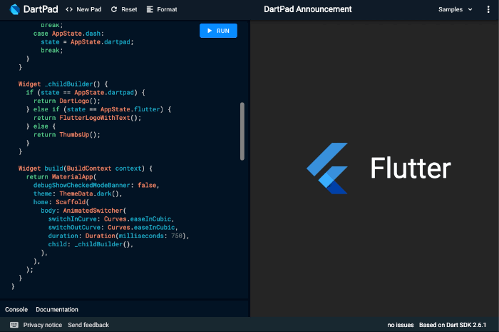 Der Online-Editor DartPad unterstützt jetzt auch das Ausführen von Flutter-Apps. (Screenshot: t3n)