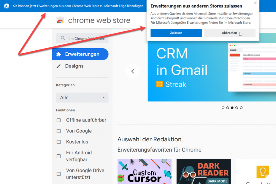 Dem Chrome Webstore könnt ihr die Installation von Extensions in euren Edge-Browser erlauben. (Screenshot: t3n )