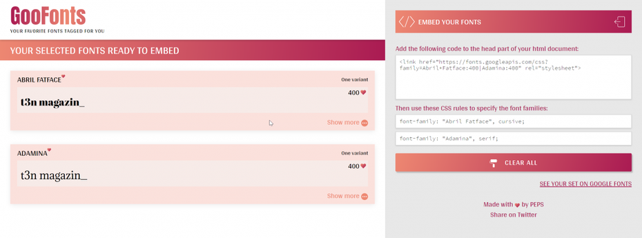 Die Embed-Codes liefert GooFonts gleich mit. (Screenshot: t3n)