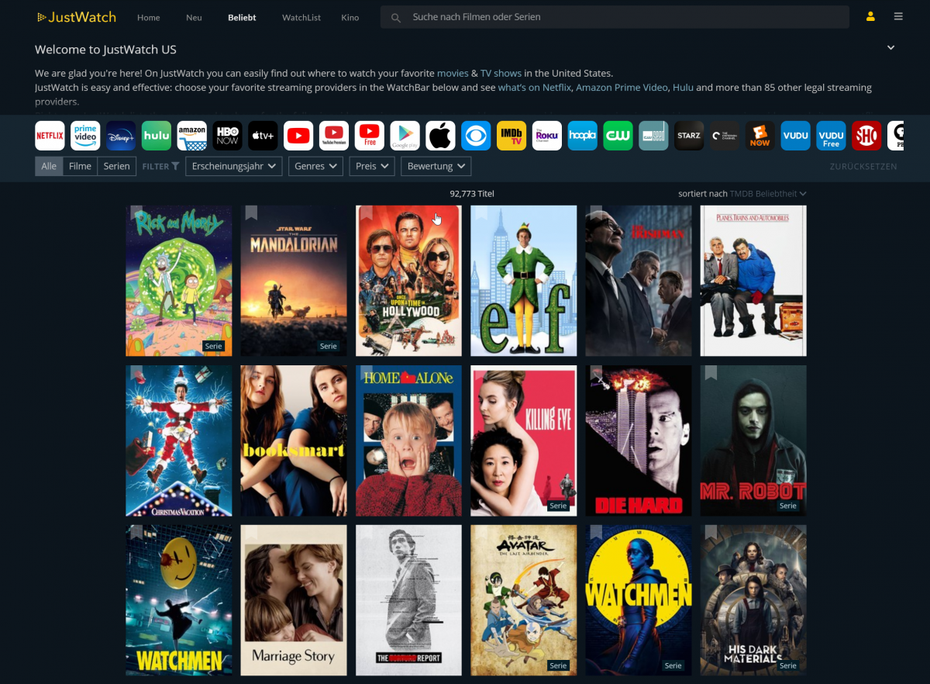 Justwatch liefert einen kompletten Überblick über den Streaming-Markt. (Screenshot: t3n)