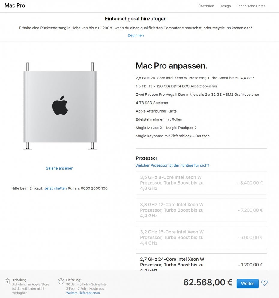 Mac Pro für 62.000 Euro. (Screenshot: t3n)