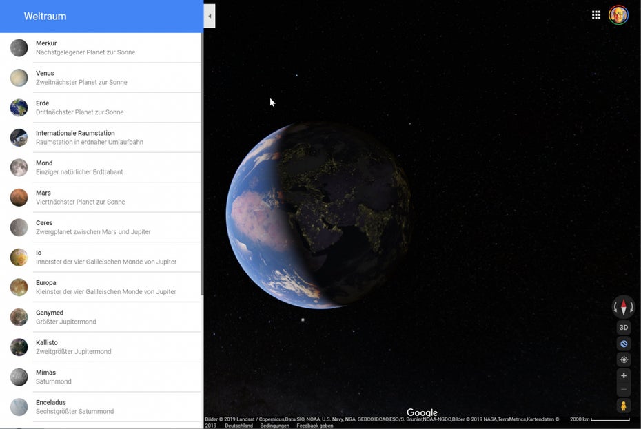 Google Maps im Weltall. Straßenkarten gibt es keine. (Screenshot: t3n)