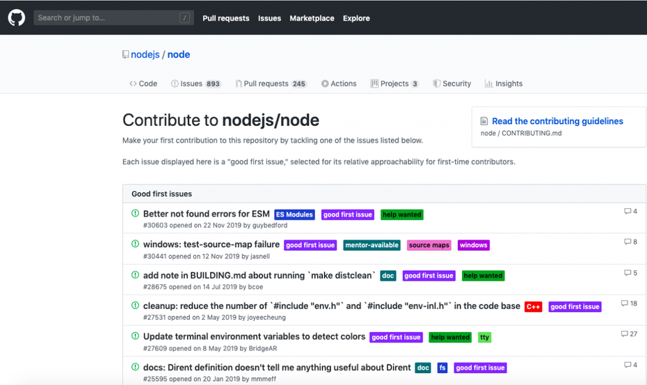 Node Js Repository auf GitHub mit Good First Issues