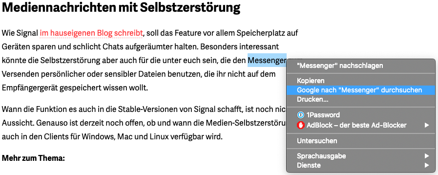 Kontextmenü mit Direktsuche-Funktion in Google Chrome.