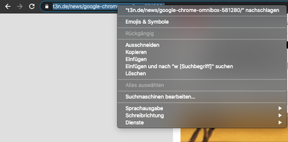 Kontextmenü der Google Chrome Omnibox.