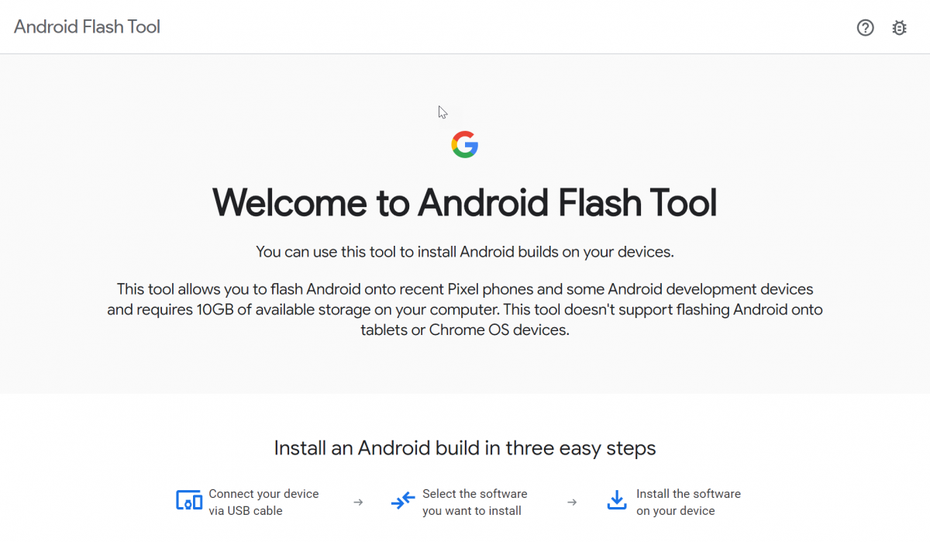 So begrüßt euch das neue Android-Flash-Tool aus dem Hause Google. (Screenshot: t3n)