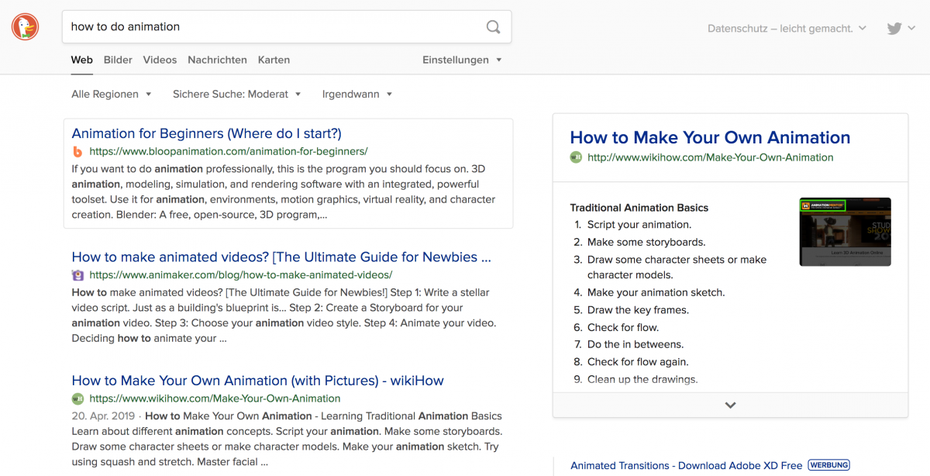 Screenshot der Duckduckgo-Suchanfrage "How to do animation"