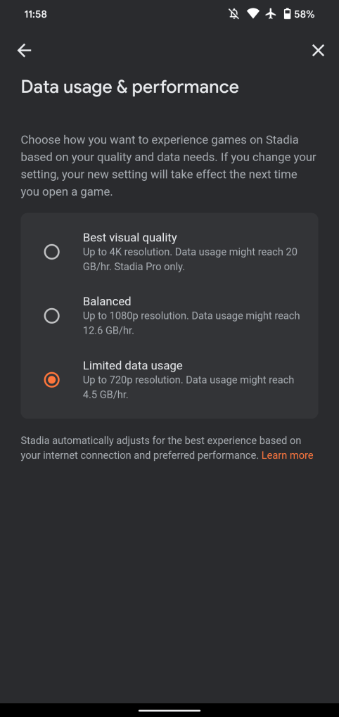 Screenshot der Google-Stadia-App mit Angaben zum Datenverbrauch.