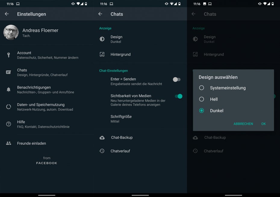 Android: Der Darkmode für Whatsapp ist da. (Bild: t3n)