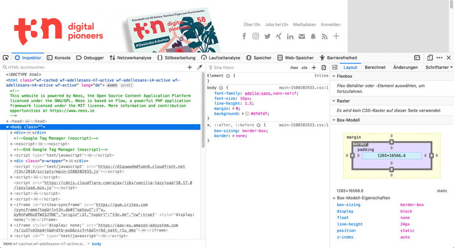 Firefox-Seiteninspektor auf der t3n-Website.