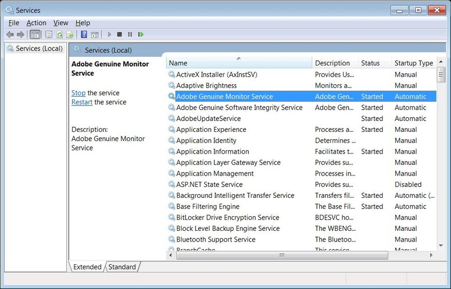 Dienste-Manager in Windows 7.