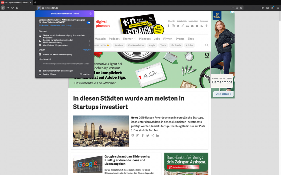 Firefox mit geöffneter t3n-Website und Tracking-Block-Menü.