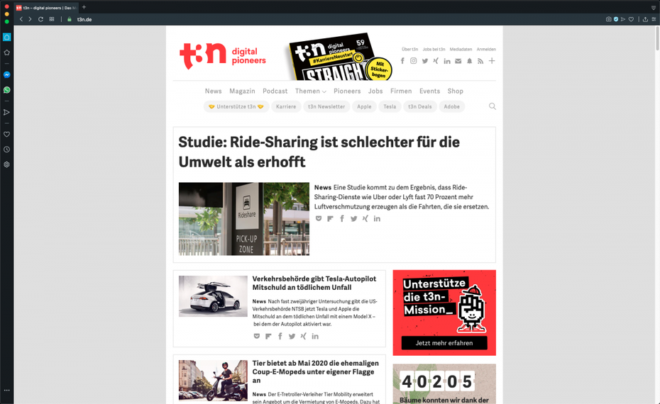 Opera-Browser mit geöffneter t3n-Seite.