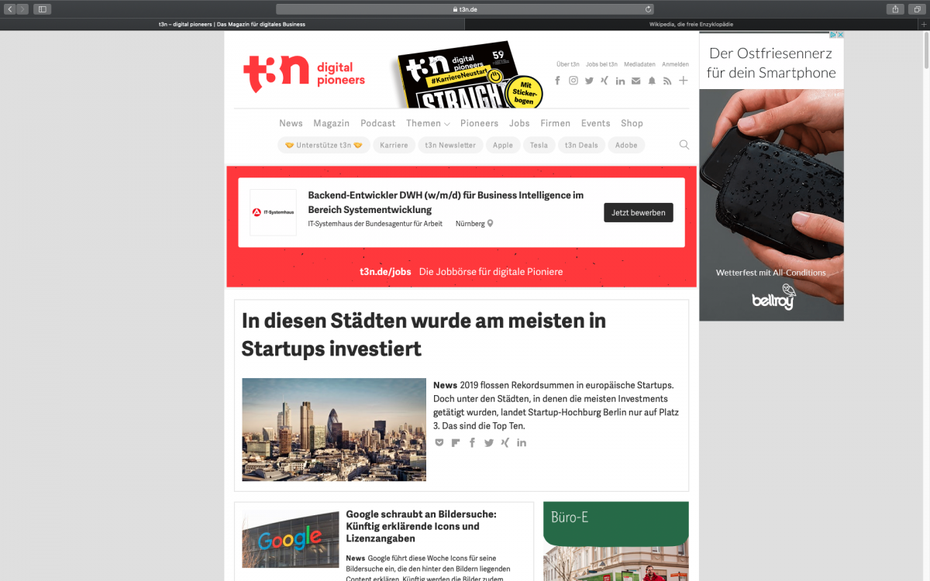 Internetbrowser Safari mit geöffneter t3n-Seite.