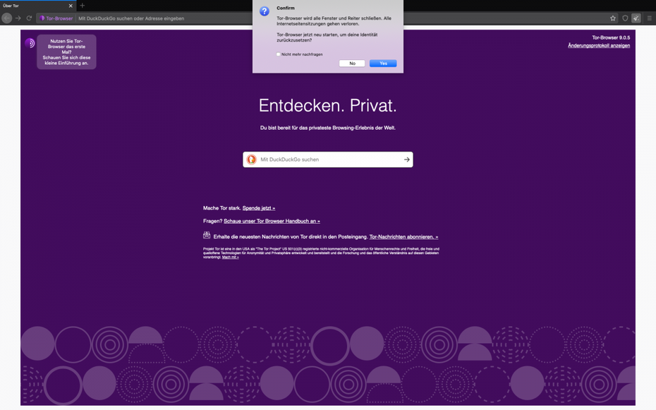 Tor Browser mit geöffneter Startseite und „Identität zurücksetzen"-Dialog..