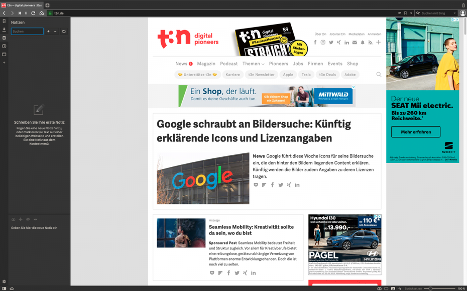 Vivaldi mit geöffneter t3n-Seite und digitalem Notizblock.