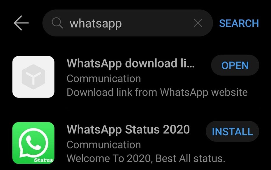 Huawei App-Gallery – nicht offiziell gelistete Anwendungen wie Whatsapp lassen sich per Direktlink zum Hersteller dennoch installieren. (Screenshot: t3n)