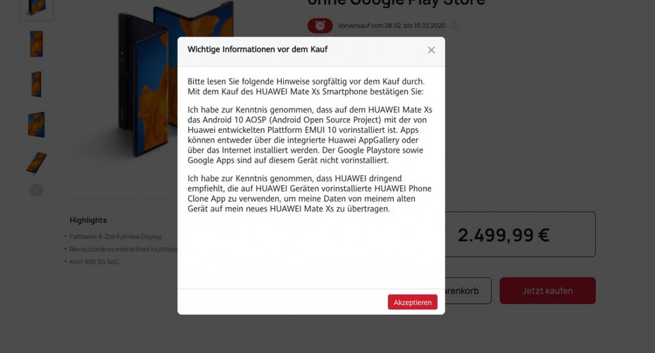 Huawei weist im eigenen Store darauf hin, dass das Mate Xs ohne Google Dienste verkauft wird. Käufer müssen den Hinweis quittieren. (Screenshot: t3n)