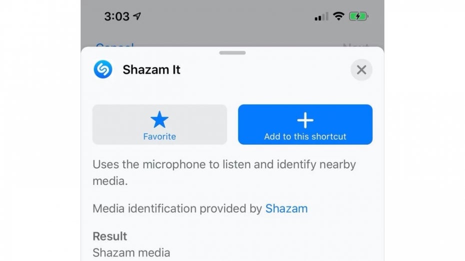 Mit iOS 13.4 kommt ein Shazam-It-Kurzbefehl. (Screenshot: Macrumors)