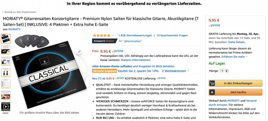 Gitarrensaiten behandelt Amazon in Corona-Zeiten nicht prioritär