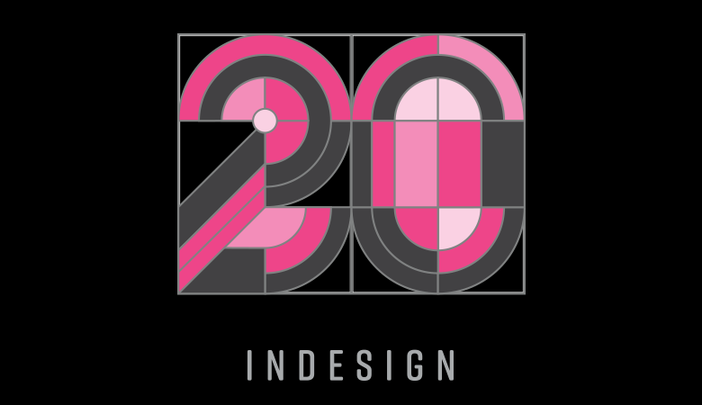 Das Logo zum 20. Jubiläum von Adobe InDesign auf schwarzem Hintergrund