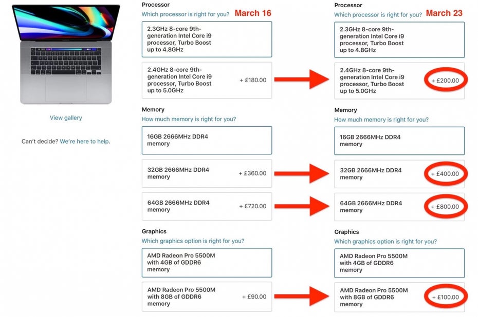Apple BTO Preise für das Macbook Pro 16 vom 16. und 23. März 2020. (Screenshot: Macrumors)