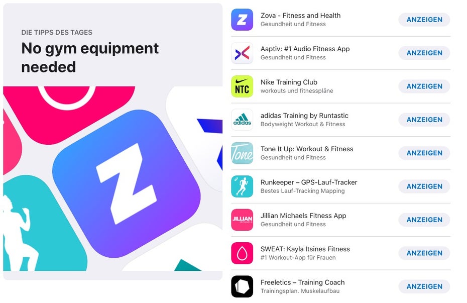 Apples App-Homeoffice-Empfehlungen umfassen auch Fitness-Anwendungen. (Screenshot: t3n)