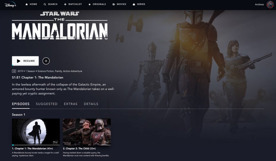 Disney Plus – die Folgen von The Mandalorian erscheint im wöchentlichen Turnus. (Screenshot: t3n)