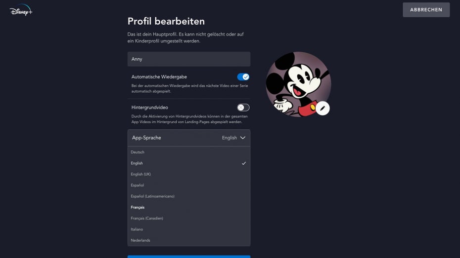 Disney Plus – für jedes Nutzerprofil kann eine Sprache festgelegt werden. (Screenshot: t3n)
