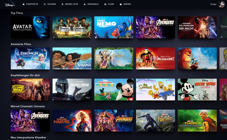 Disney Plus - Startseiten-Übersicht. (Screenshot: t3n)