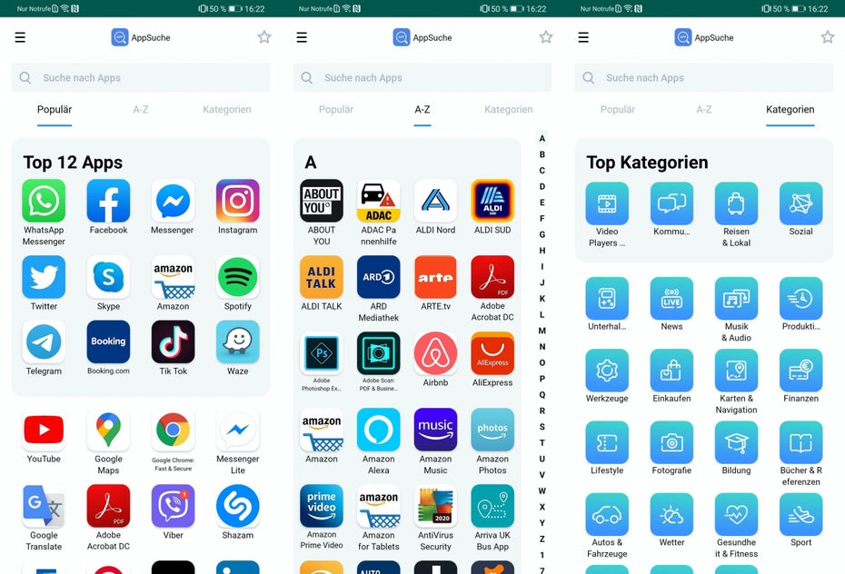 Die Appsuche bietet drei Reiter: Populär, A bis Z und Kategorien, in denen nach Apps gesucht werden kann. (Screenshots: t3n)