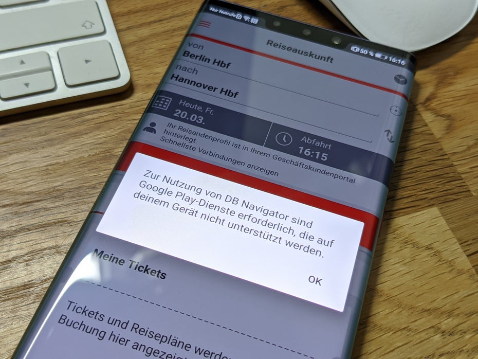 Fehler: DB Navigator ohne Google-Dienste auf dem Huawei Mate 30 Pro. (Foto: t3n)